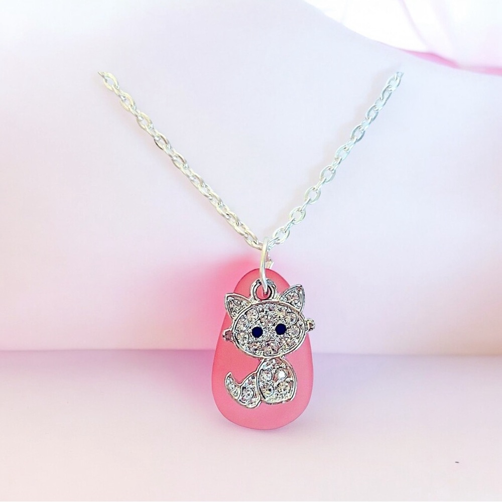 Kitty cat crystal frosted charm pendant silver plated choker chain necklace